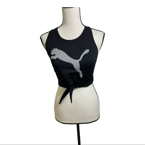 Puma cropped tie knot front black puma silver logo top. Size Large. - Picture 1 of 9